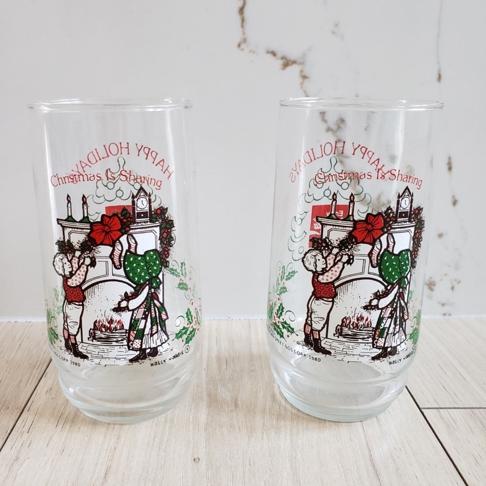 Coca Cola Drinking Glasses Clear 1980 Holly Hobbie Robby Christmas 2 Pack Cups‎